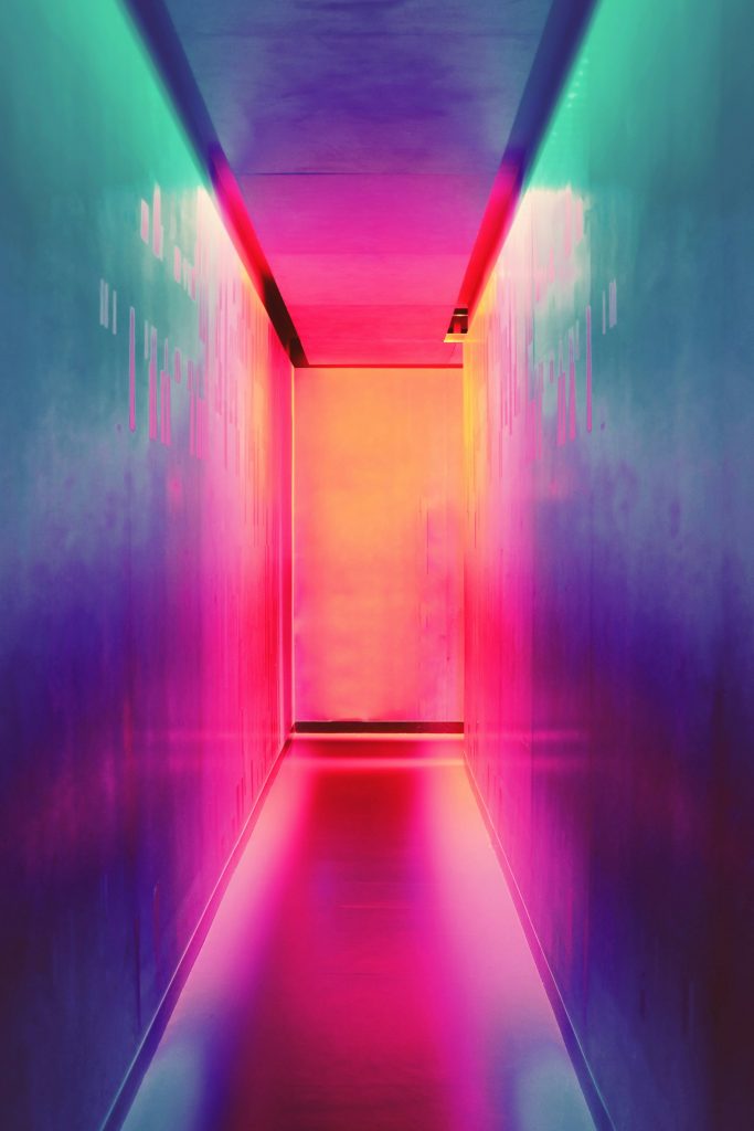 A colorful futuristic corridor, representing Virtual Exhibition Halls