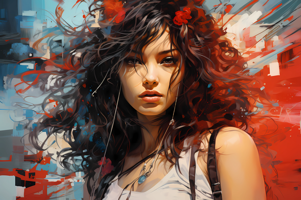 Ai generated painting. A girl with red and blue background