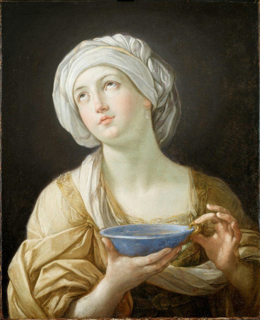 A baroque painting of a woman looking up and holding a blue bowl