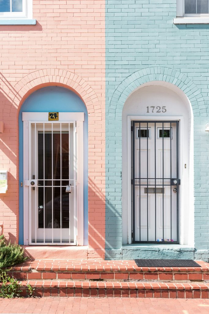 Two doors painted in pastel colors