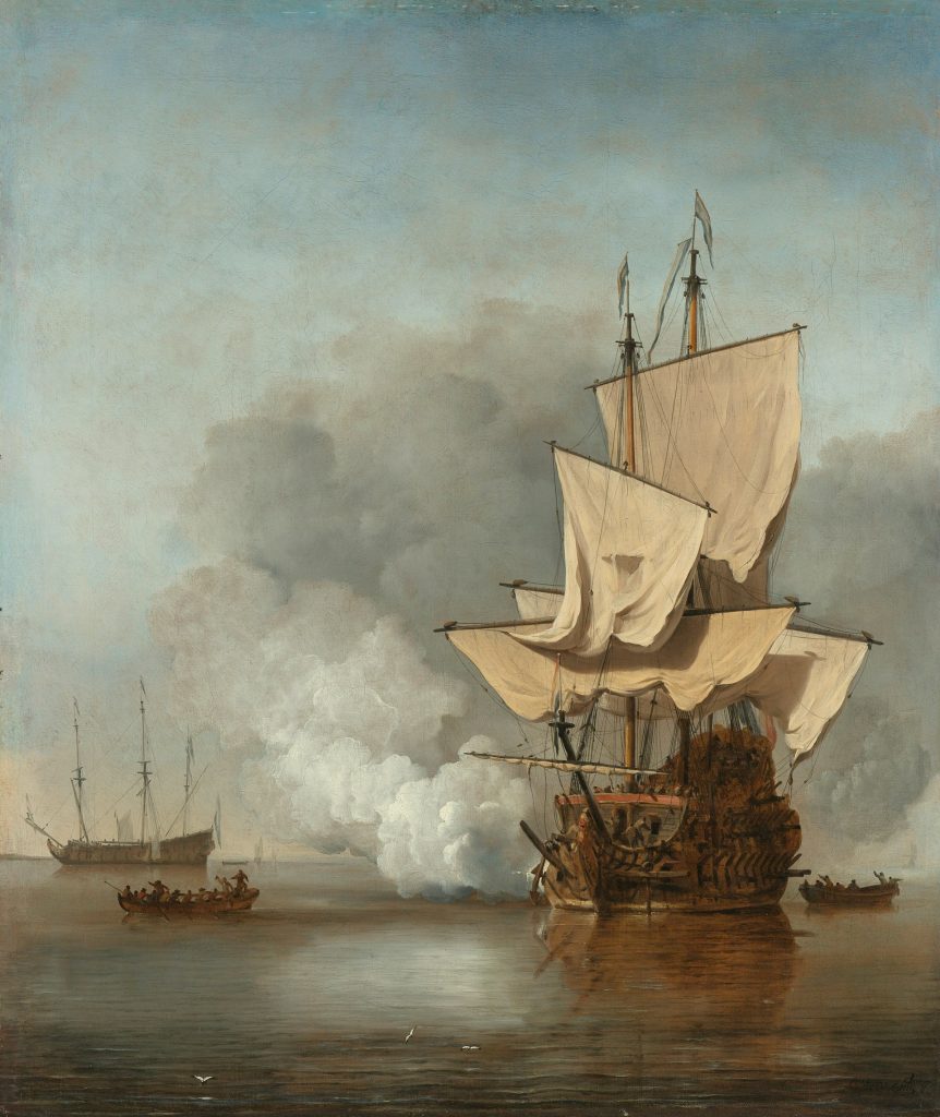 A piece of baroque art. A painting two ships at war