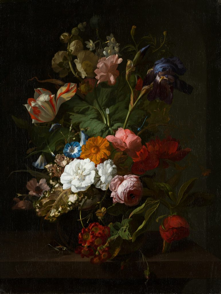 A still life painting of a bouquet of flowers