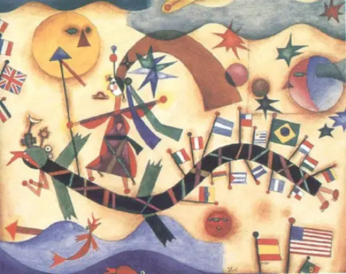 A painting in the style of surrealism. Flags, stars, sky