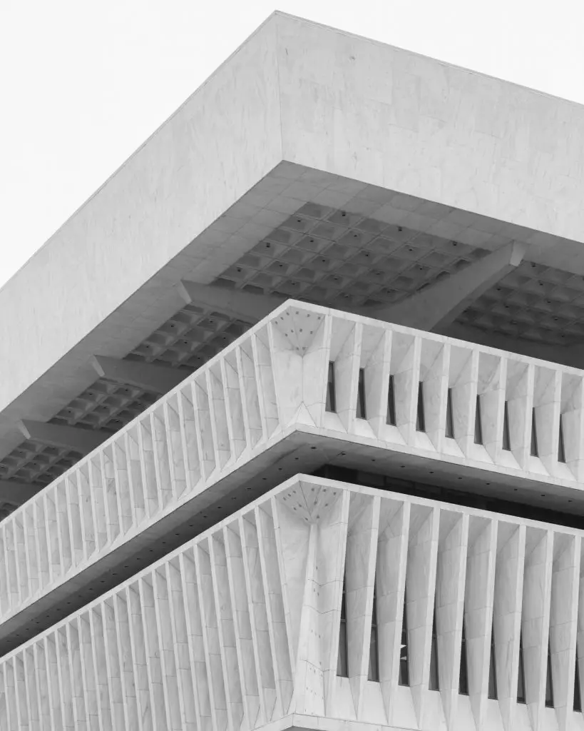 An angular brutalist building