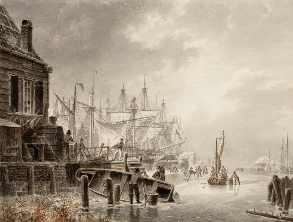 A drawing of a port in Amsterdam in the 1700's.