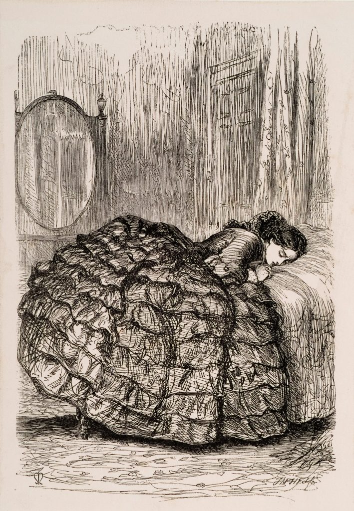 A hatched drawing of a woman in a large dress sleeping.