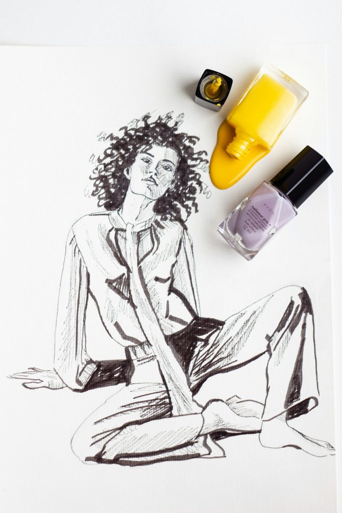 Hand-drawn sketch of a fashionable young woman with bright bottles of pouring nail polish