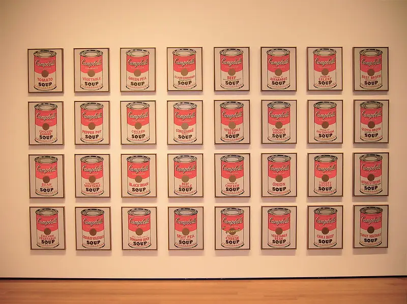 Images of Andy Warhol's soup cans at MoMA, New York.