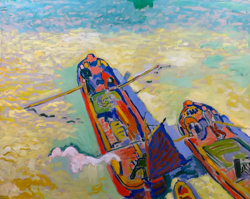 A painting in the style of fauvism. De André Derain, Les deux péniches
