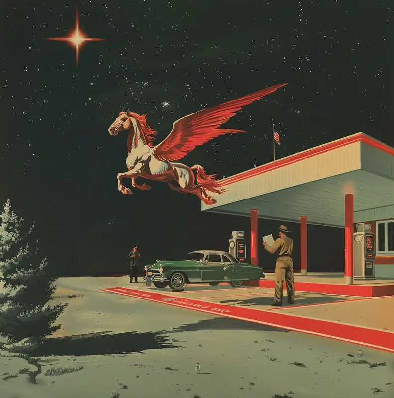 An ai generated image of a pegasus at a gat station