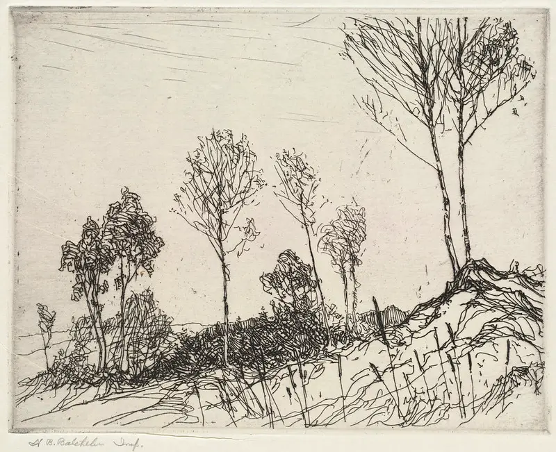A line drawing of trees