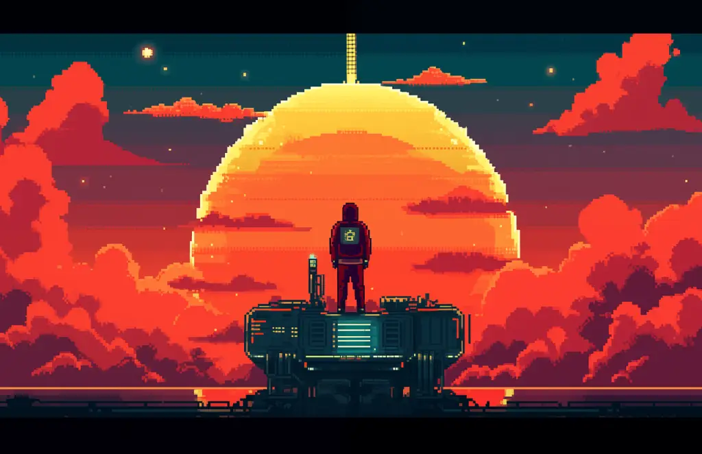 Pixel art of a main standing in front of the sun