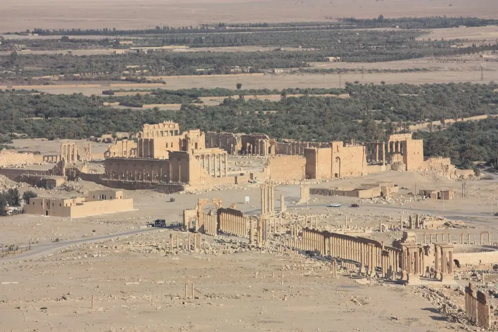 A wide show of Palmyra, viewed from Palmyra Castle, Temple of Bel and Great Colonnade