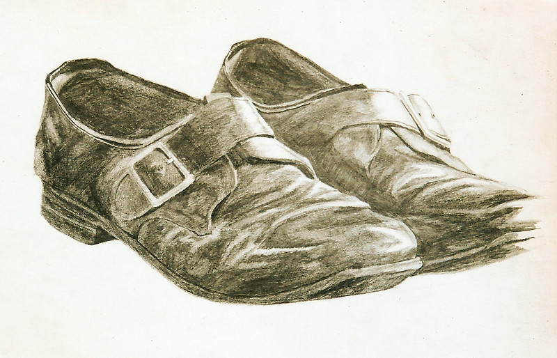 A pencil shaded drawing of a pair of shoes