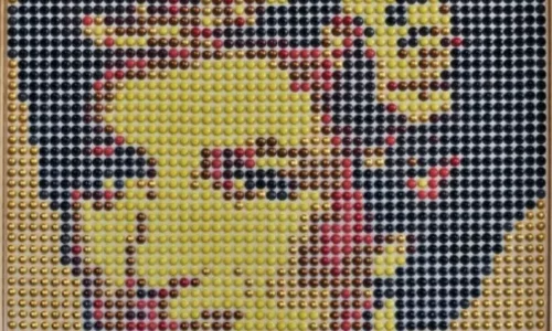 Lady Diana pixelated portrait by Ricardo Bellino crafted with recycled coffee capsules