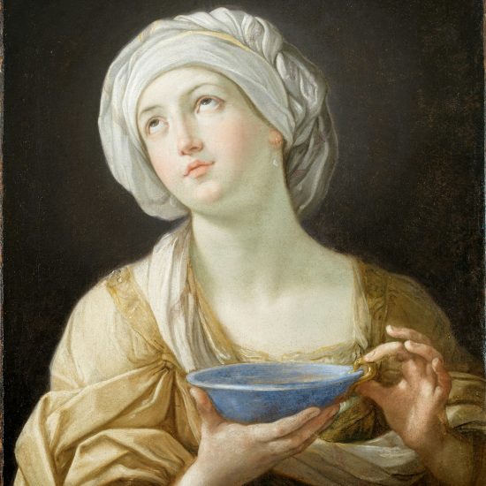 A baroque painting of a woman looking up and holding a blue bowl