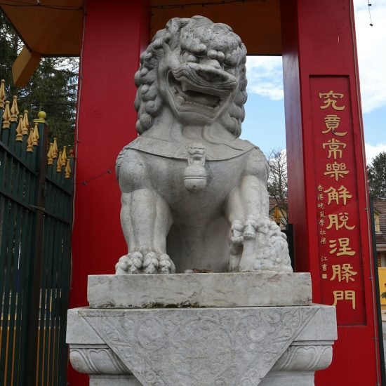 A chinese lion statues at a gate